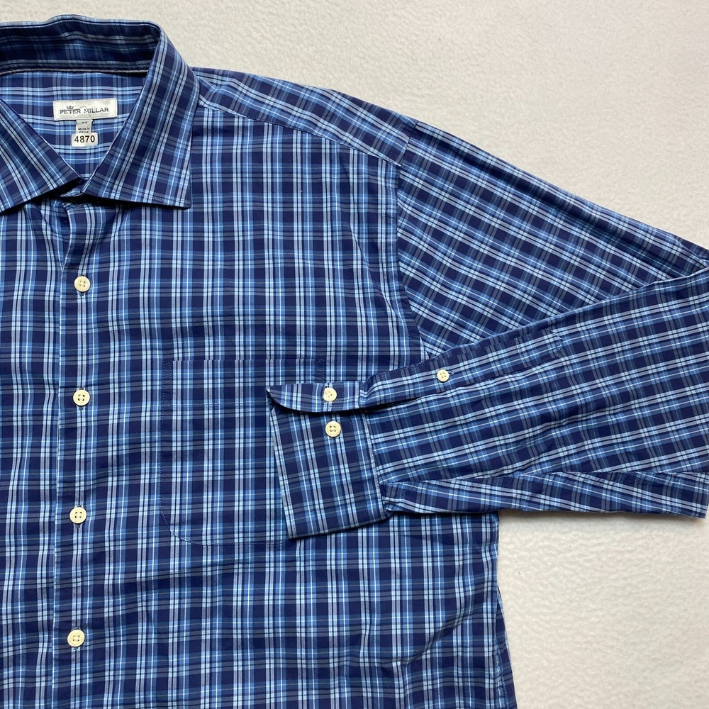 Peter Millar Shirt Mens Extra Large Blue White Long Sleeve Button Up Plaid - Picture 3 of 11